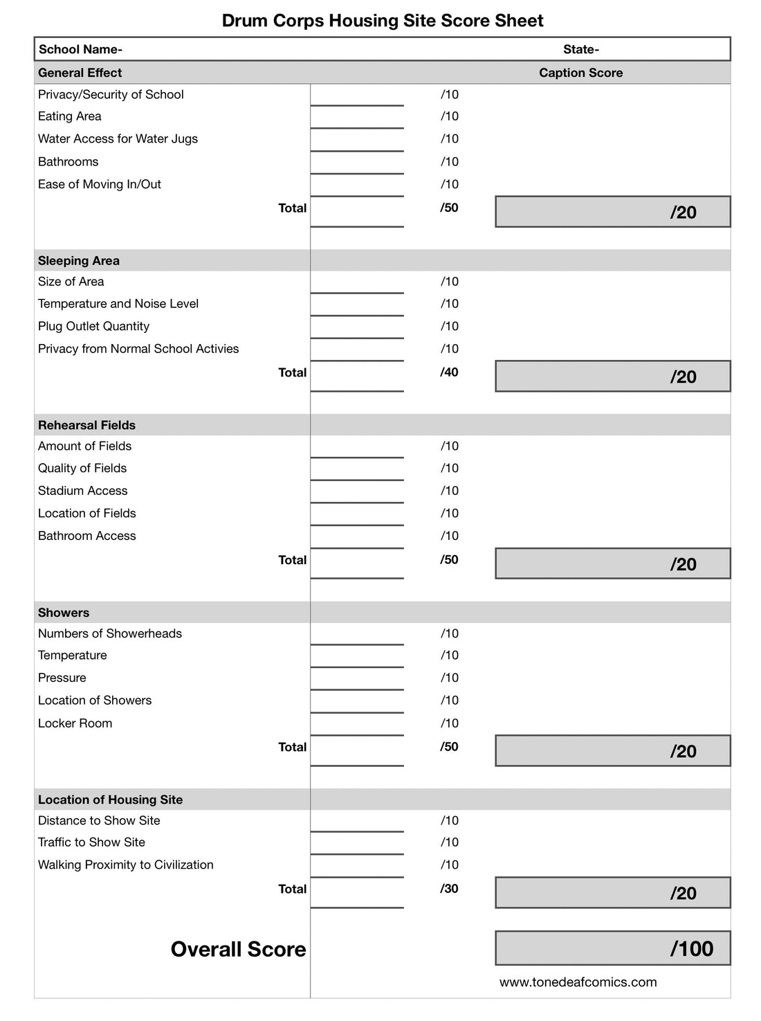 Drum Corps Housing Site Score Sheet